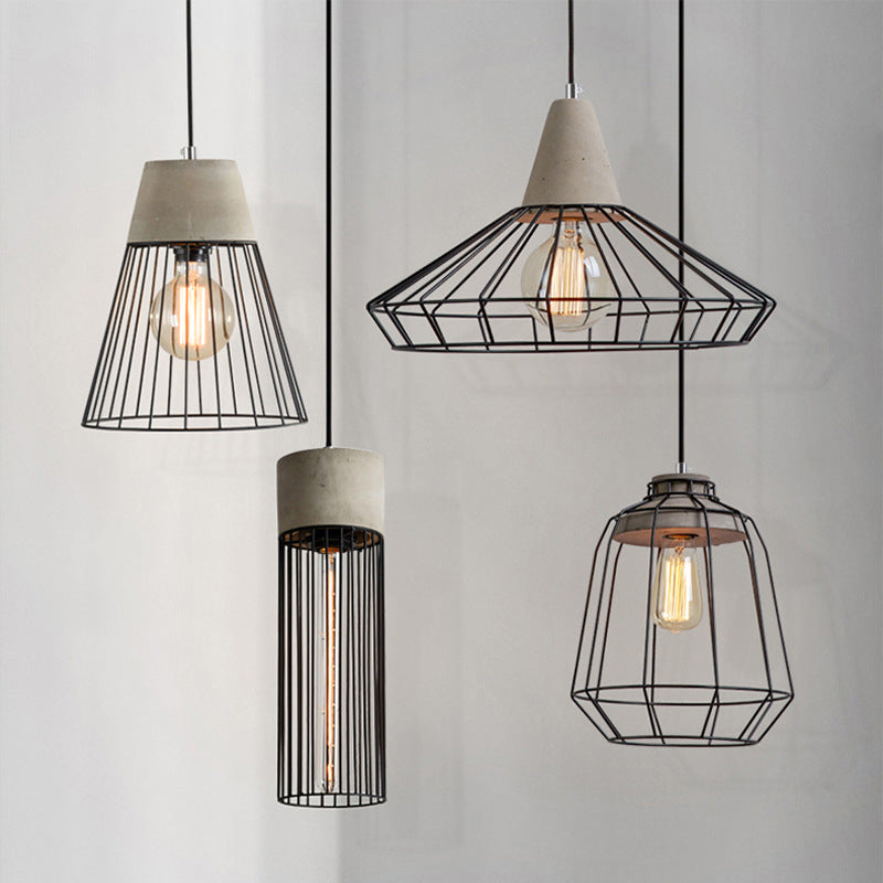 Industrial 1-Light Pendant Fixture with Cone/Cylinder/Triangle Iron Design in Black - Cement Socket