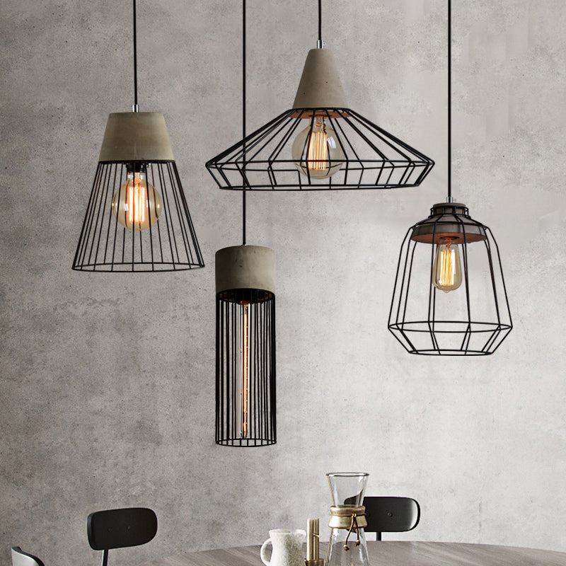 Industrial Pendant Light Fixture With 1-Light In Black Cone/Cylinder/Triangle Iron Design / Birdcage