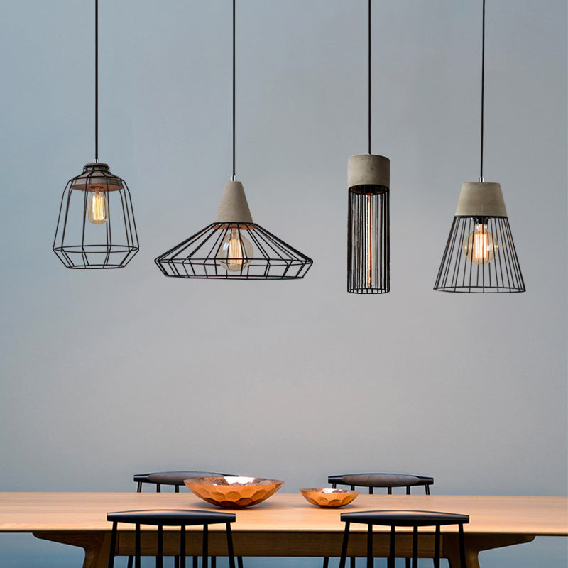 Industrial 1-Light Pendant Fixture with Cone/Cylinder/Triangle Iron Design in Black - Cement Socket