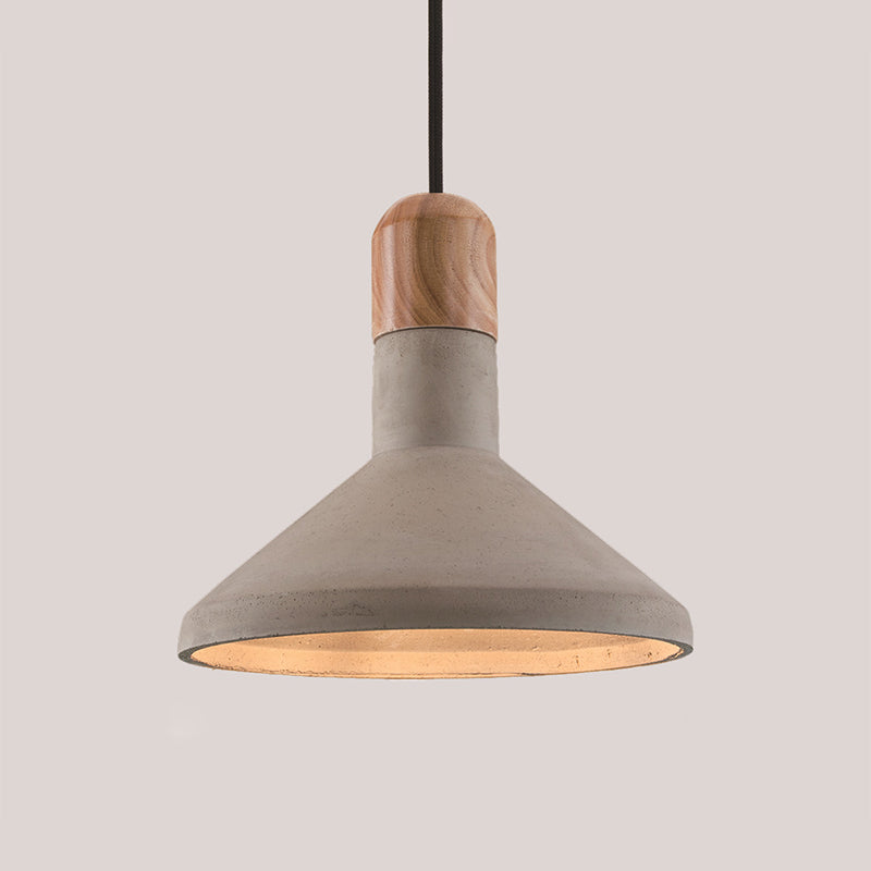 Nordic Funnel Cement Pendulum Light Grey Ceiling Pendant With Wood Top For Dining Room