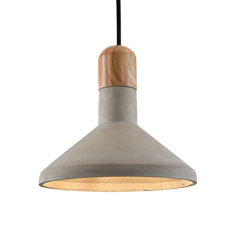 Nordic Cement Pendulum Light with Wood Top - Funnel Design - 1 Bulb - Grey Ceiling Pendant for Dining Room