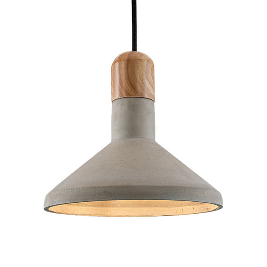 Nordic Funnel Cement Pendulum Light Grey Ceiling Pendant With Wood Top For Dining Room