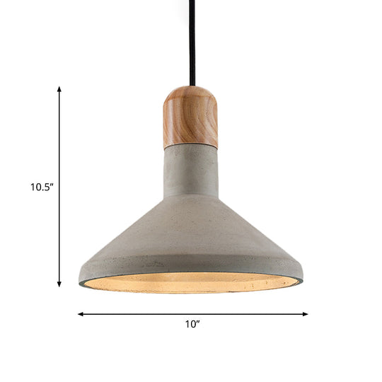 Nordic Cement Pendulum Light with Wood Top - Funnel Design - 1 Bulb - Grey Ceiling Pendant for Dining Room