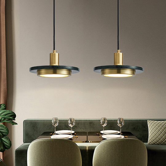 Modern Marble Lid Pendant Light With Brass Finish And Green Led