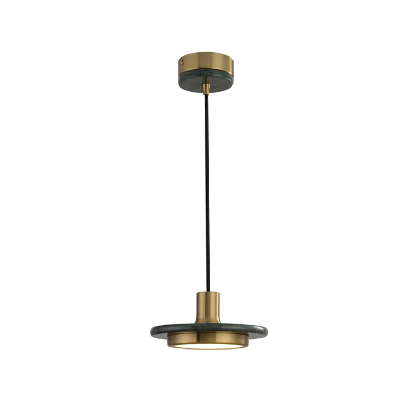 Antiqued Brass and Green LED Marble Lid Drop Pendant Light - Postmodern Ceiling Hang Fixture