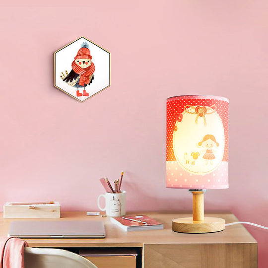 Childrens Pink Desk Light: Light And Durable Fabric-Wood Cylinder Lamp For Girls Bedroom