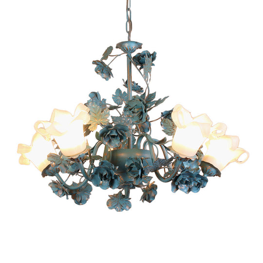 Korean Garden Flower Chandelier Ceiling Light With Milky Frosted Glass - 3/5/8-Bulb Blue Hanging