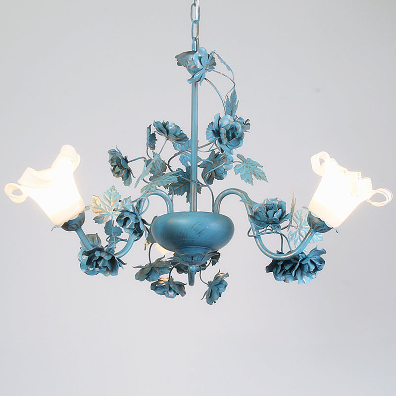 Korean Garden Flower Chandelier Ceiling Light With Milky Frosted Glass - 3/5/8-Bulb Blue Hanging