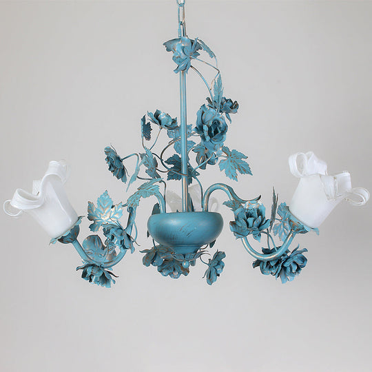 Korean Garden Flower Chandelier Ceiling Light With Milky Frosted Glass - 3/5/8-Bulb Blue Hanging