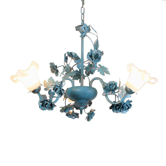 Korean Garden Flower Chandelier Ceiling Light With Milky Frosted Glass - 3/5/8-Bulb Blue Hanging