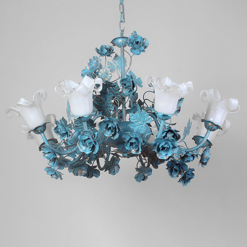 Korean Garden Flower Chandelier Ceiling Light With Milky Frosted Glass - 3/5/8-Bulb Blue Hanging