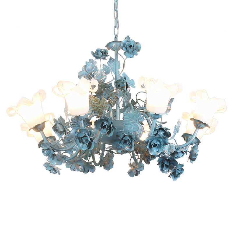 Korean Garden Flower Chandelier Ceiling Light With Milky Frosted Glass - 3/5/8-Bulb Blue Hanging