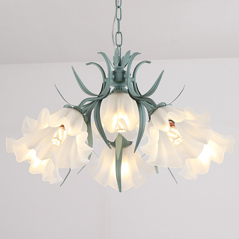 Korean Flower Frosted Glass Ruffle Chandelier - Green/Pink 4/6/9-Head Pendant Light For Dining Room