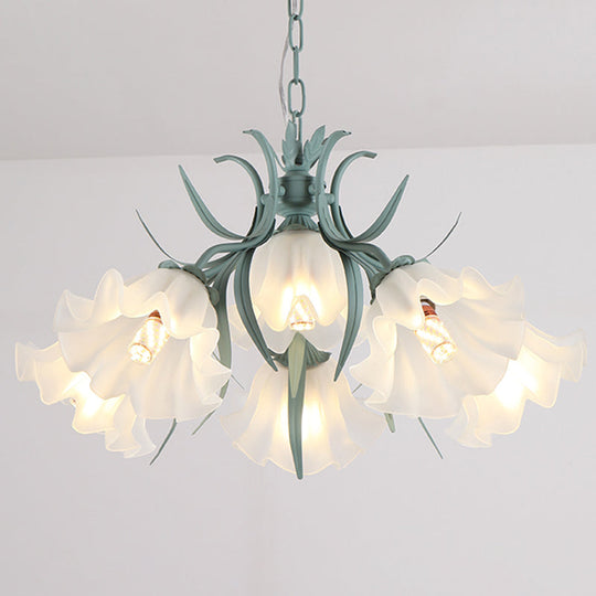 Korean Flower Frosted Glass Ruffle Chandelier - Green/Pink 4/6/9-Head Pendant Light For Dining Room