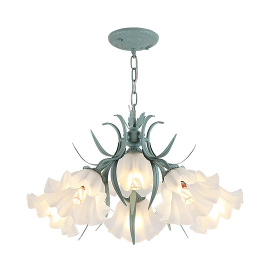 Korean Flower Frosted Glass Ruffle Chandelier - Green/Pink 4/6/9-Head Pendant Light For Dining Room