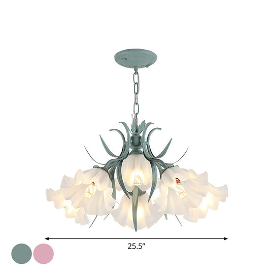 Korean Flower Frosted Glass Ruffle Chandelier - Green/Pink 4/6/9-Head Pendant Light For Dining Room