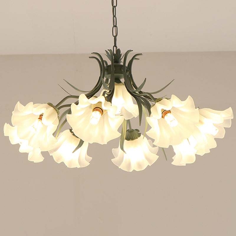 Korean Flower Frosted Glass Ruffle Chandelier - Green/Pink 4/6/9-Head Pendant Light For Dining Room