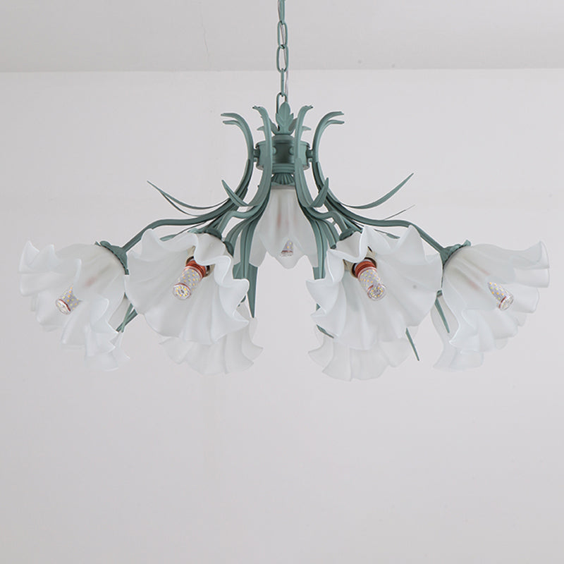 Korean Flower Frosted Glass Ruffle Chandelier - Green/Pink 4/6/9-Head Pendant Light For Dining Room