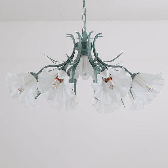 Korean Flower Frosted Glass Ruffle Chandelier - Green/Pink 4/6/9-Head Pendant Light For Dining Room