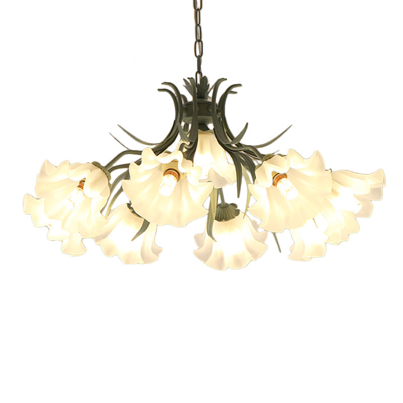 Korean Flower Frosted Glass Ruffle Chandelier - Green/Pink 4/6/9-Head Pendant Light For Dining Room