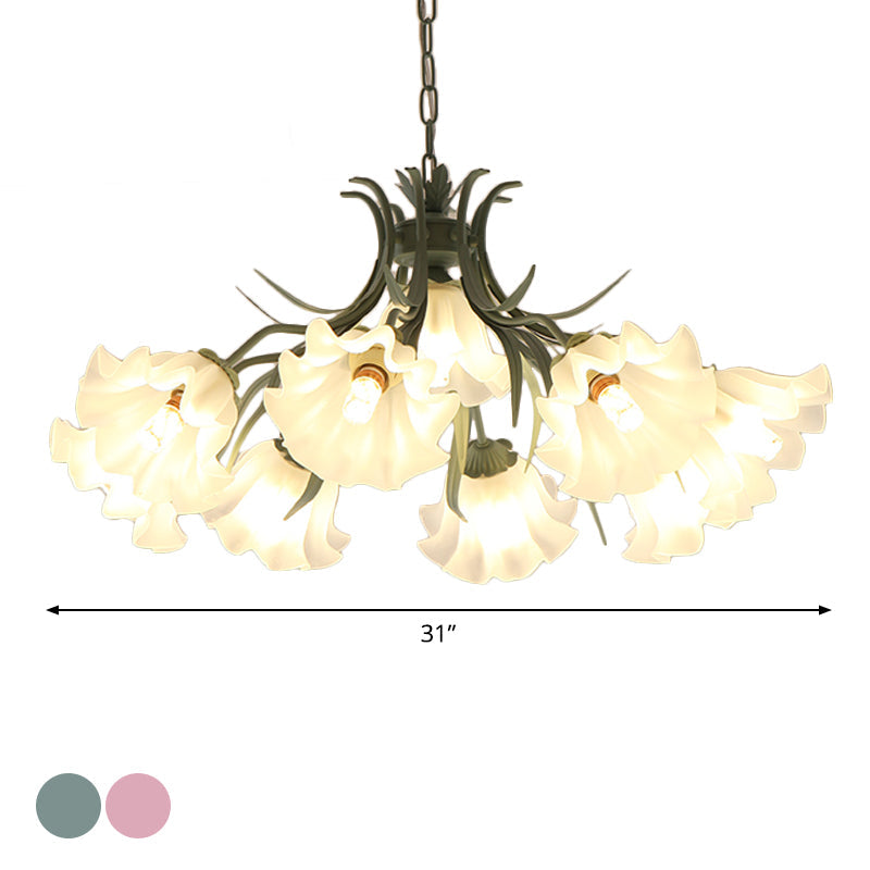 Korean Flower Frosted Glass Ruffle Chandelier - Green/Pink 4/6/9-Head Pendant Light For Dining Room