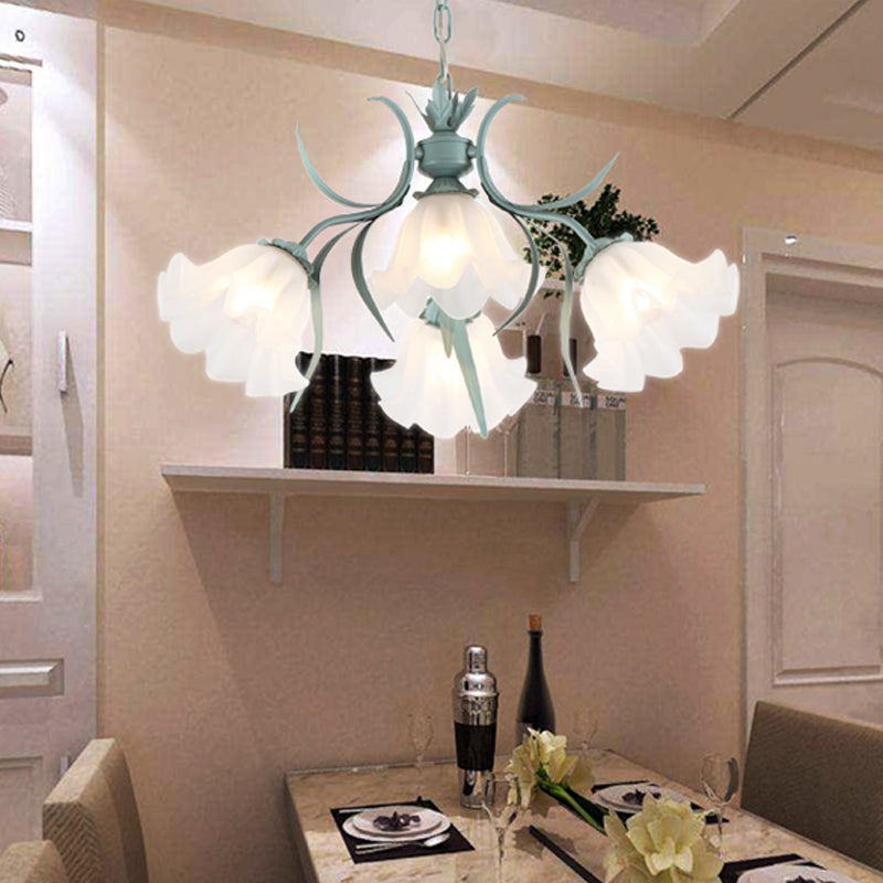 Korean Flower Frosted Glass Ruffle Chandelier - Green/Pink 4/6/9-Head Pendant Light For Dining Room