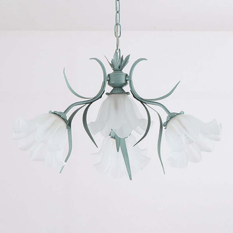 Korean Flower Frosted Glass Ruffle Chandelier - Green/Pink 4/6/9-Head Pendant Light For Dining Room