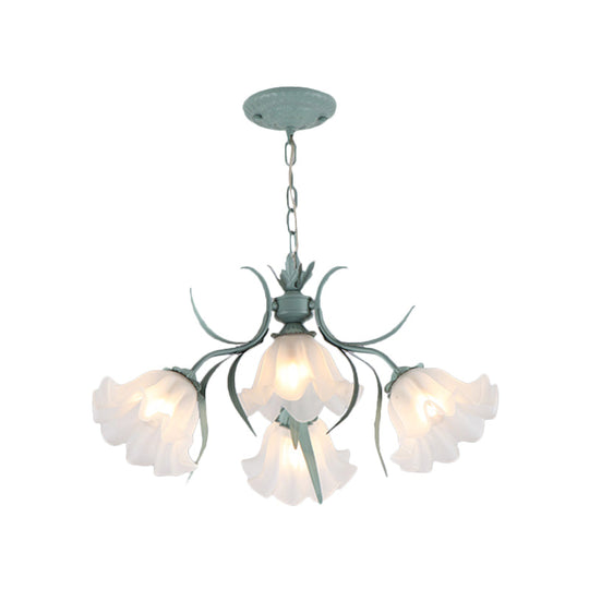 Korean Flower Frosted Glass Ruffle Chandelier - Green/Pink 4/6/9-Head Pendant Light For Dining Room