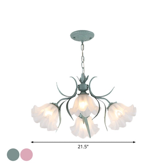 Korean Flower Frosted Glass Ruffle Chandelier - Green/Pink 4/6/9-Head Pendant Light For Dining Room