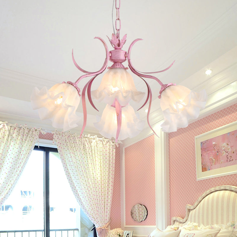 Korean Flower Frosted Glass Ruffle Chandelier - Green/Pink 4/6/9-Head Pendant Light For Dining Room