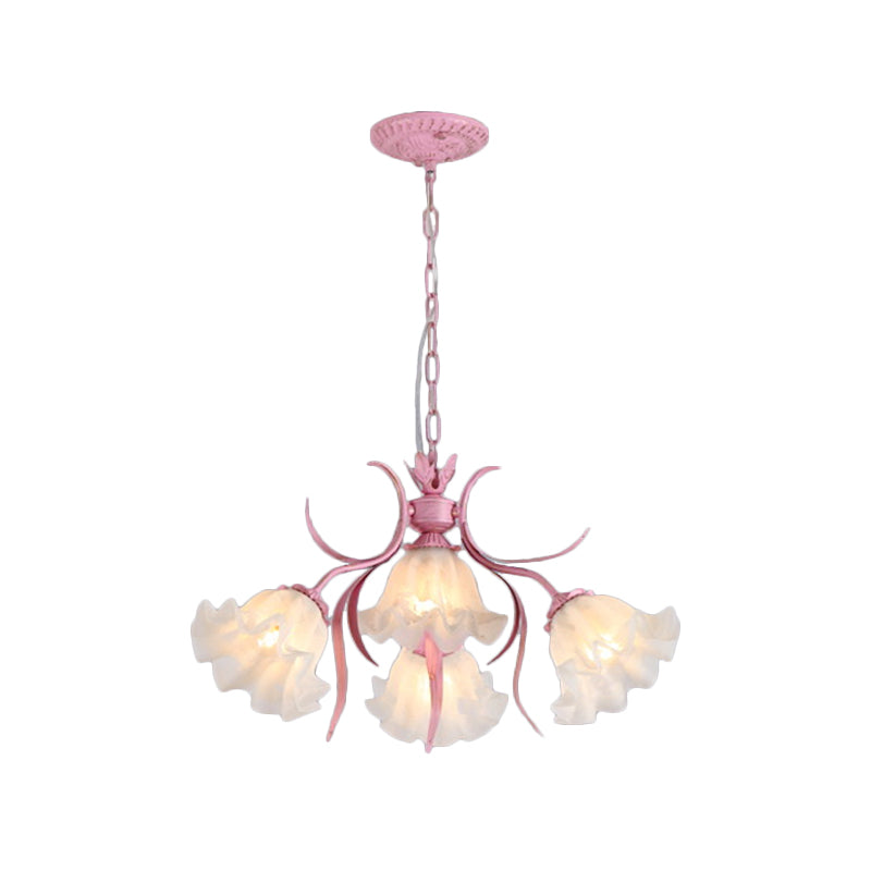 Korean Flower Frosted Glass Ruffle Chandelier - Green/Pink 4/6/9-Head Pendant Light For Dining Room