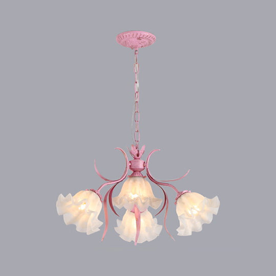 Korean Flower Frosted Glass Ruffle Chandelier - Green/Pink 4/6/9-Head Pendant Light For Dining Room