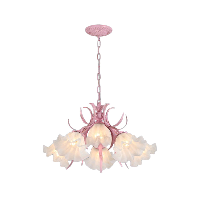 Korean Flower Frosted Glass Ruffle Chandelier - Green/Pink 4/6/9-Head Pendant Light For Dining Room