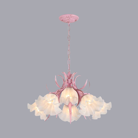 Korean Flower Frosted Glass Ruffle Chandelier - Green/Pink 4/6/9-Head Pendant Light For Dining Room