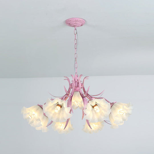 Korean Flower Frosted Glass Ruffle Chandelier - Green/Pink 4/6/9-Head Pendant Light For Dining Room