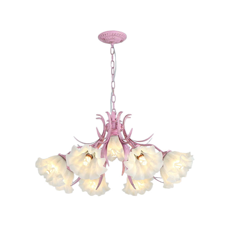 Korean Flower Frosted Glass Ruffle Chandelier - Green/Pink 4/6/9-Head Pendant Light For Dining Room