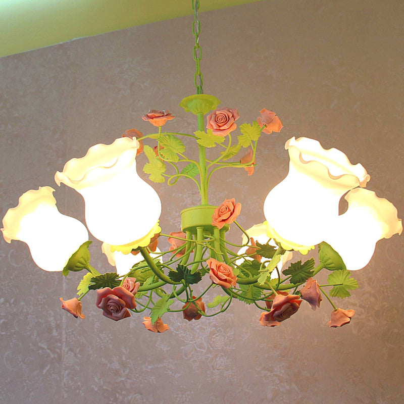 Pastoral Style Green Flower Chandelier - Frosted Glass Ceiling Pendant Light With 6 Lights Ideal For