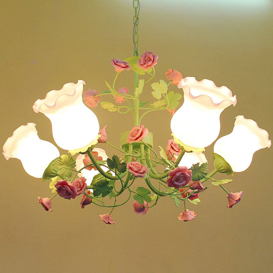 Pastoral Style Green Flower Chandelier - Frosted Glass Ceiling Pendant Light With 6 Lights Ideal For