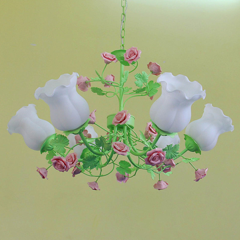 Pastoral Style Green Flower Chandelier - Frosted Glass Ceiling Pendant Light With 6 Lights Ideal For