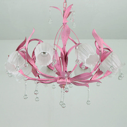 Korean Garden Green/Pink 6/8-Light Flower Chandelier With Frosted Glass Suspension