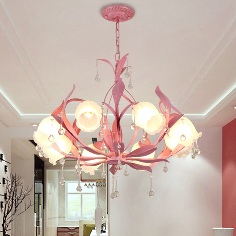 Korean Garden Green/Pink 6/8-Light Flower Chandelier With Frosted Glass Suspension