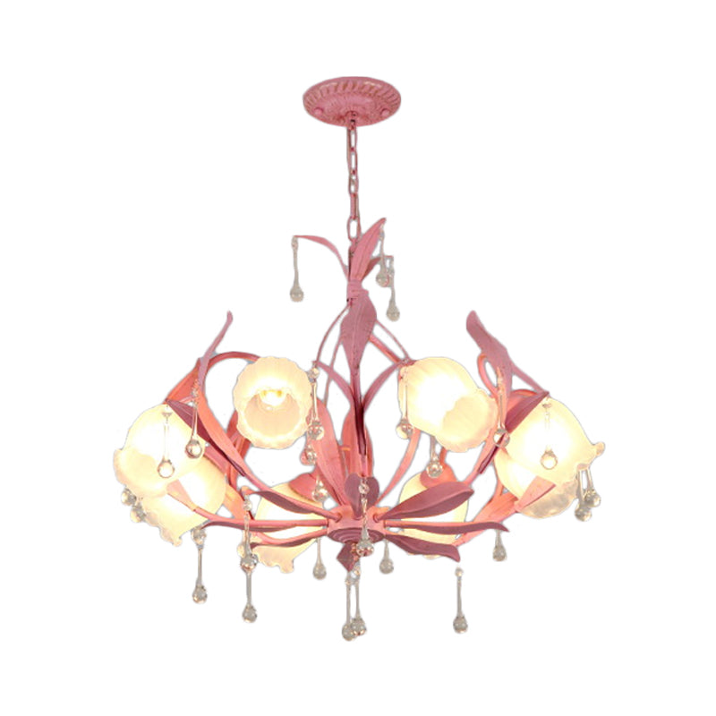 Korean Garden Green/Pink 6/8-Light Flower Chandelier With Frosted Glass Suspension