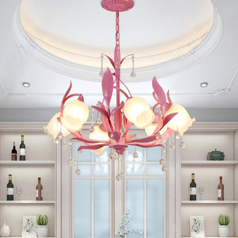 Korean Garden Green/Pink 6/8-Light Flower Chandelier With Frosted Glass Suspension