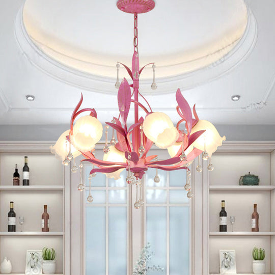 Korean Garden Green/Pink 6/8-Light Flower Chandelier With Frosted Glass Suspension 6 / Pink