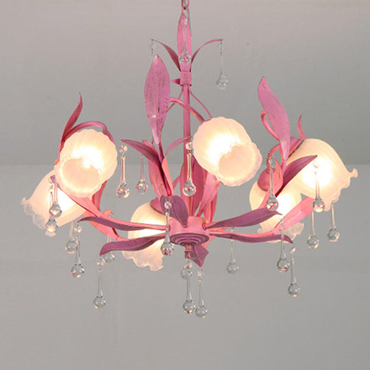 Korean Garden Green/Pink 6/8-Light Flower Chandelier With Frosted Glass Suspension