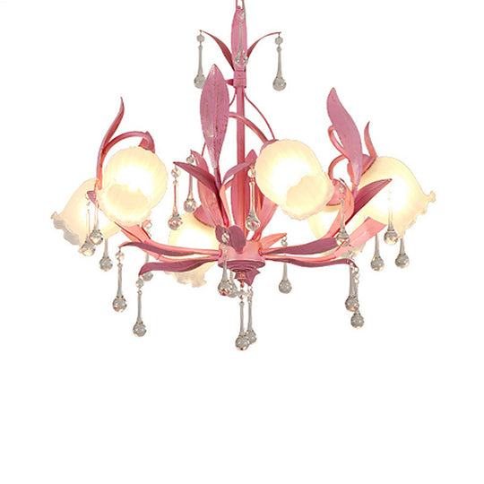 Korean Garden Green/Pink 6/8-Light Flower Chandelier With Frosted Glass Suspension