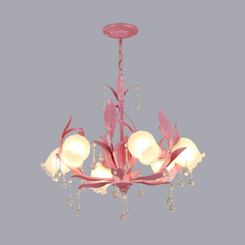 Korean Garden Green/Pink 6/8-Light Flower Chandelier With Frosted Glass Suspension