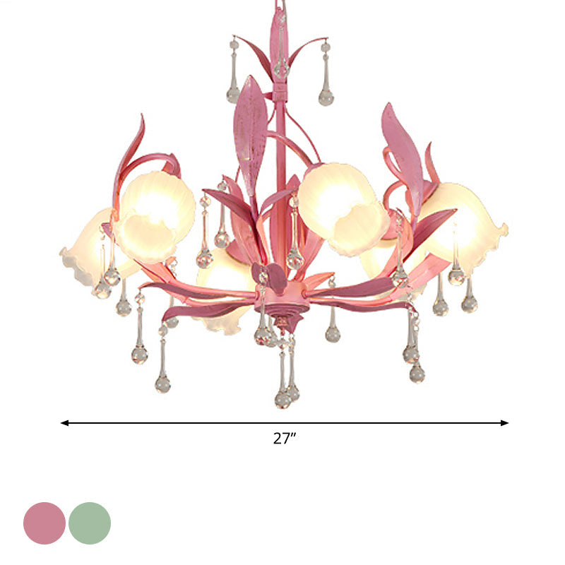 Korean Garden Green/Pink 6/8-Light Flower Chandelier With Frosted Glass Suspension