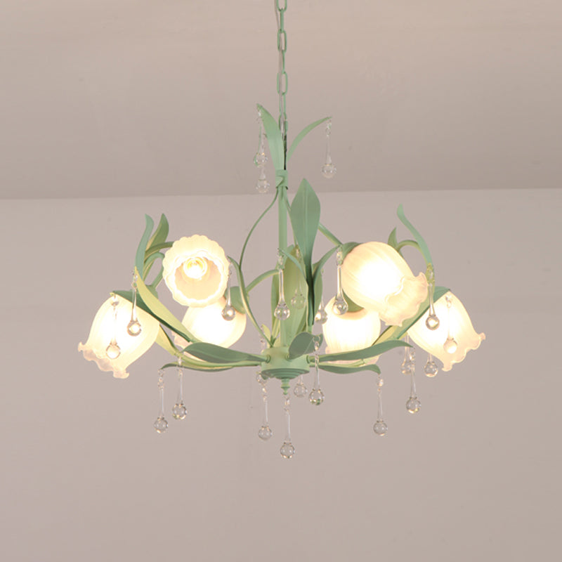 Korean Garden Green/Pink 6/8-Light Flower Chandelier With Frosted Glass Suspension