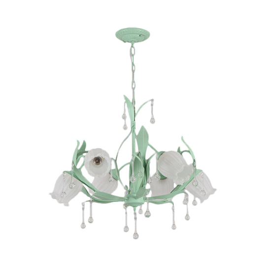 Korean Garden Green/Pink 6/8-Light Flower Chandelier With Frosted Glass Suspension